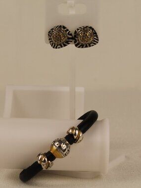 Brighton Black Cord Charm Bracelet & Pave Crystal Enamel Earrings Set Two-Tone